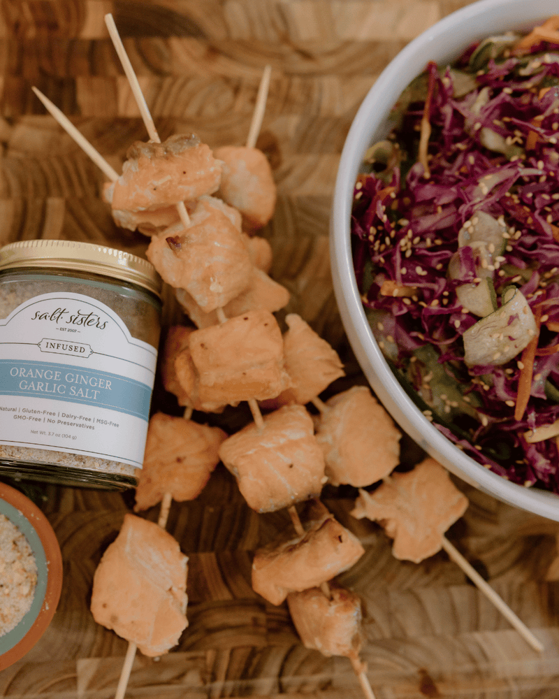 Honey Citrus Glazed Grilled Salmon Skewers with Asian Cucumber & Purple Cabbage Salad