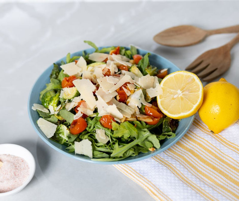 Lemon Arugula Salad with Roasted Brussels Sprouts & Roasted Tomato Bruschetta