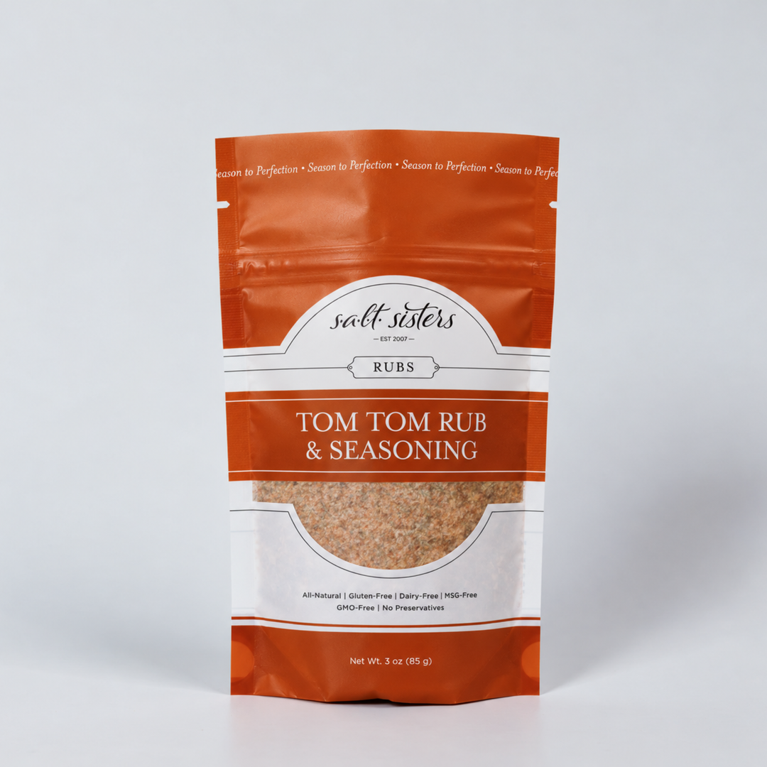 A 3 oz stand-up pouch of Salt Sisters Tom Tom Rub & Seasoning.

